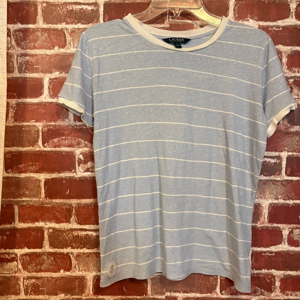 Lauren Ralph Lauren Light Blue & White Striped Crew Neck Tee